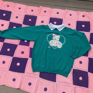 Vintage grandma 90s sweatshirt teddy bear pink teal | S - M |  soft Morning Sun